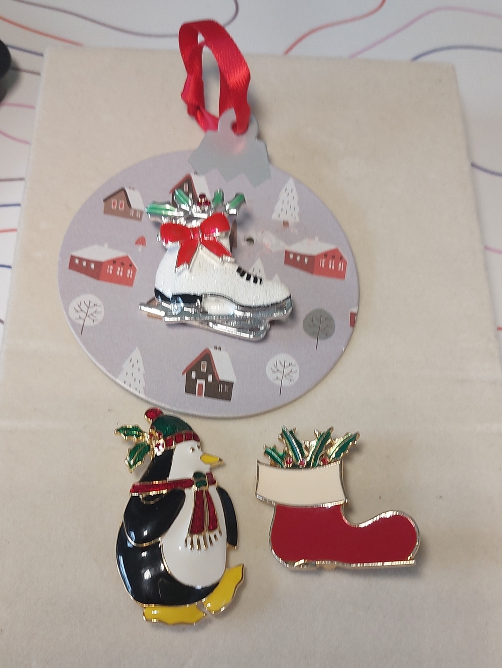 Vintage Christmas Brooch & Ornament Lot - Penguin, Stocking, Ice Skates Set